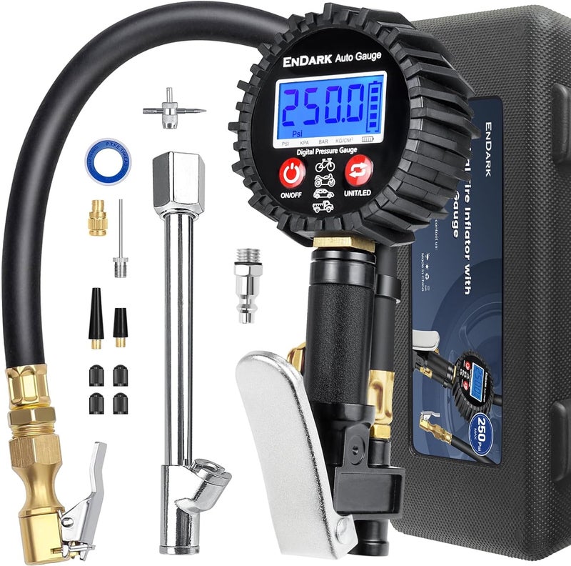 ENDARK Digital Tire Pressure Gauge with Inflator: 250 PSI Air Compressor Attachment Inflation Gun with Heavy Duty 360° Air Chuck & Extended Hose and Quick Connect Coupler with Carrying Case - Image 1